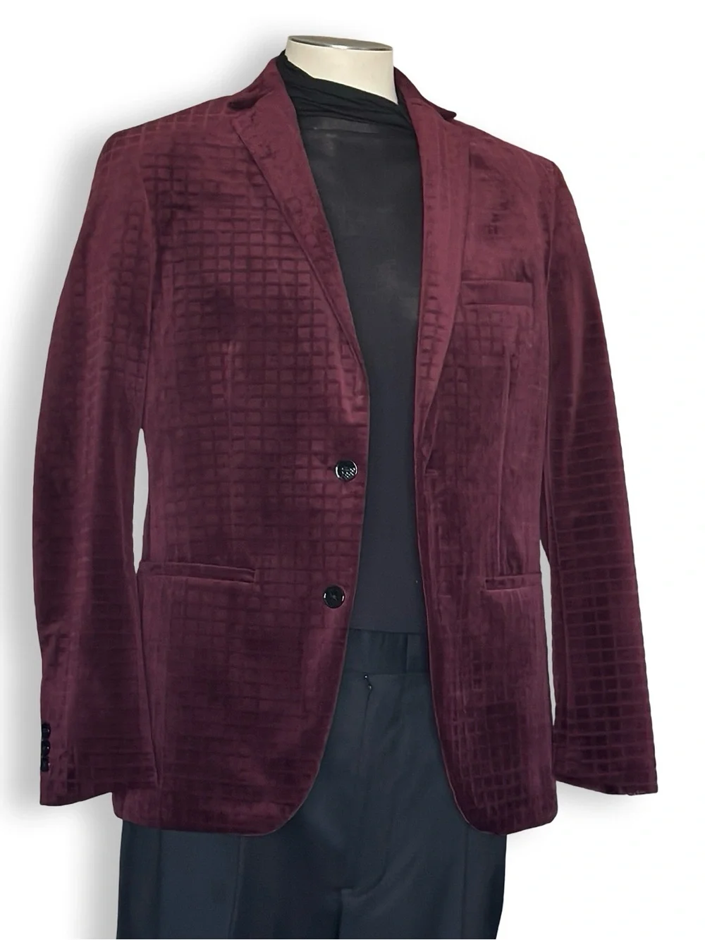 Vintage Y2K Alfani Burgundy Textured Velvet Blazer Sport Coat Hollywood Costume